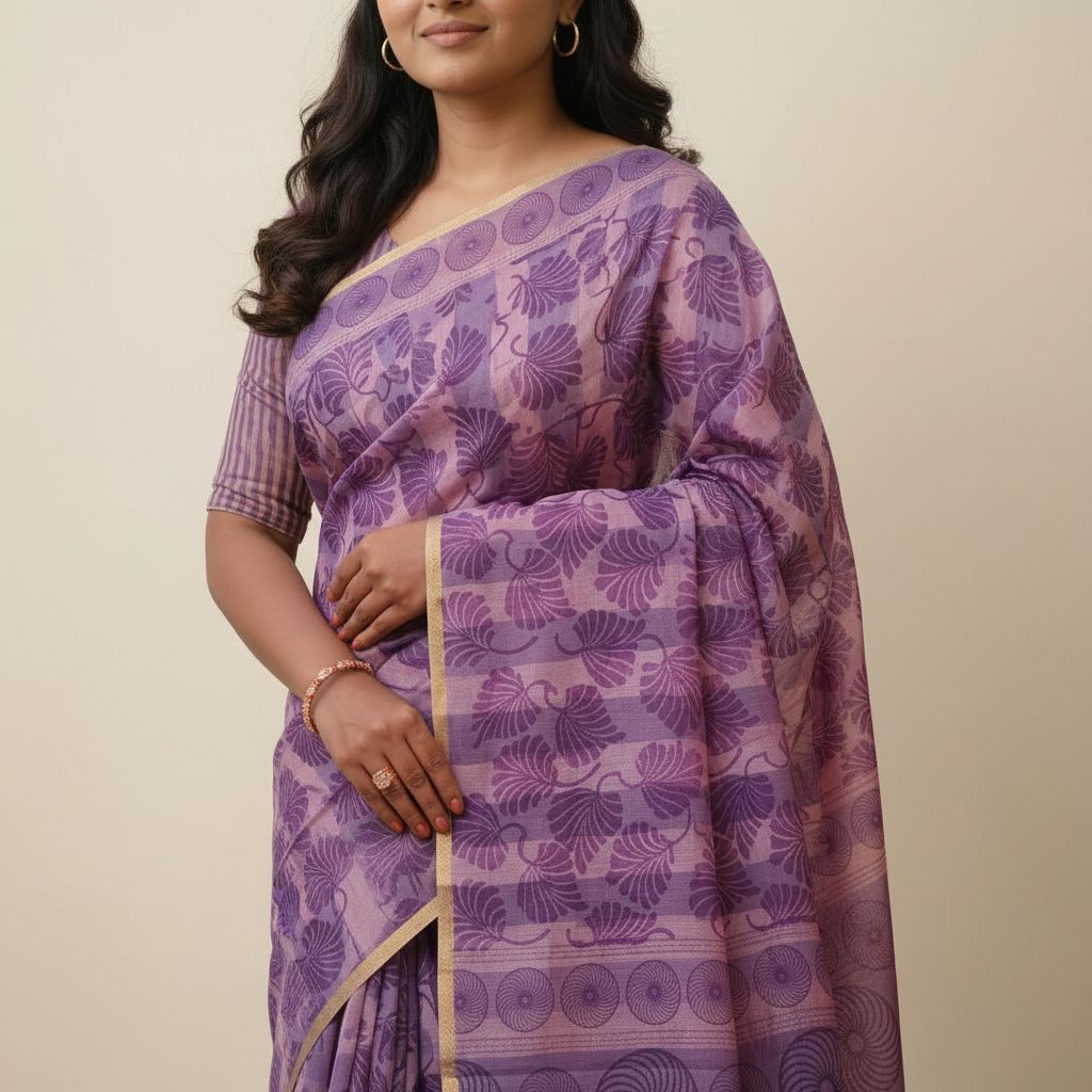 Aira Vanya purple floral block print saree close-up detail – TRESSNY