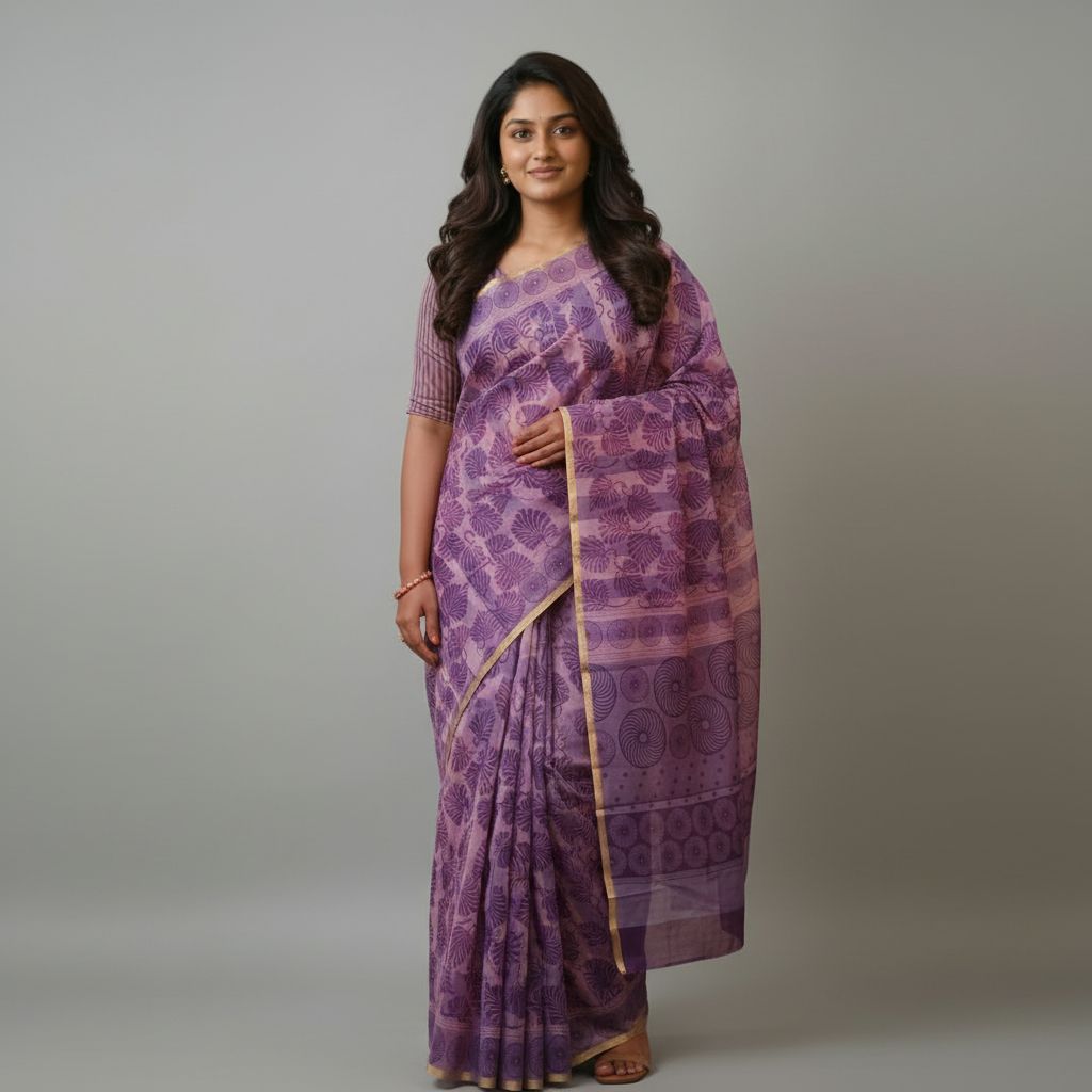Aira Vanya purple floral block print saree front view – TRESSNY