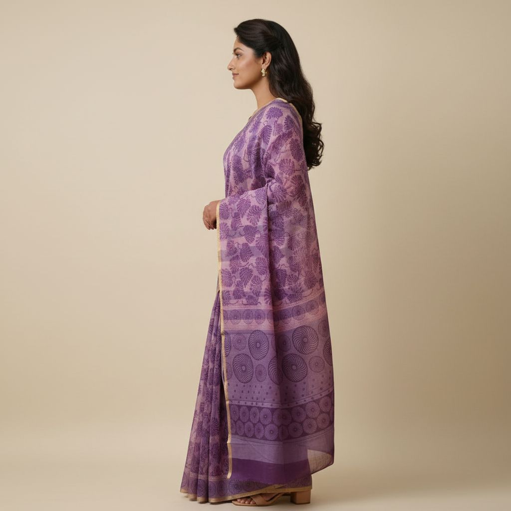 Aira Vanya purple floral block print saree side view – TRESSNY