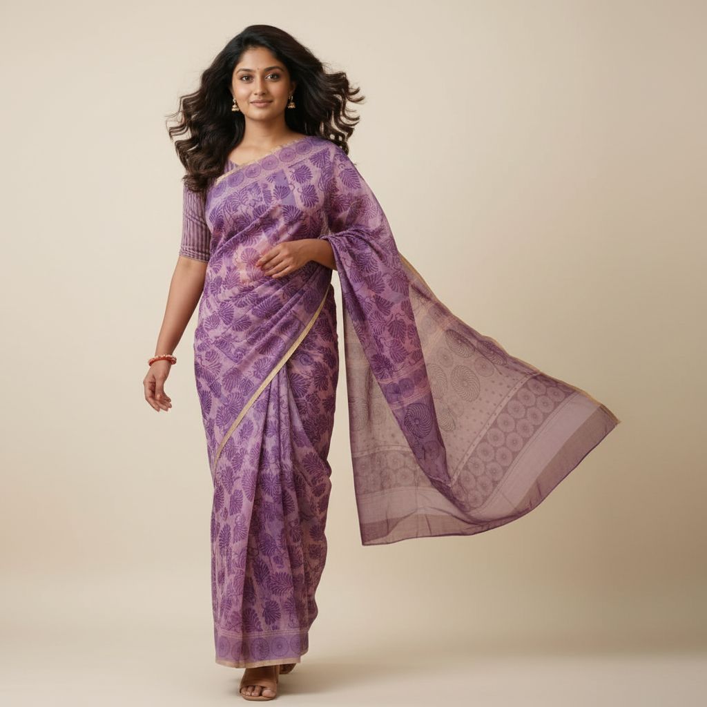Aira Vanya purple floral block print saree walking pose – TRESSNY
