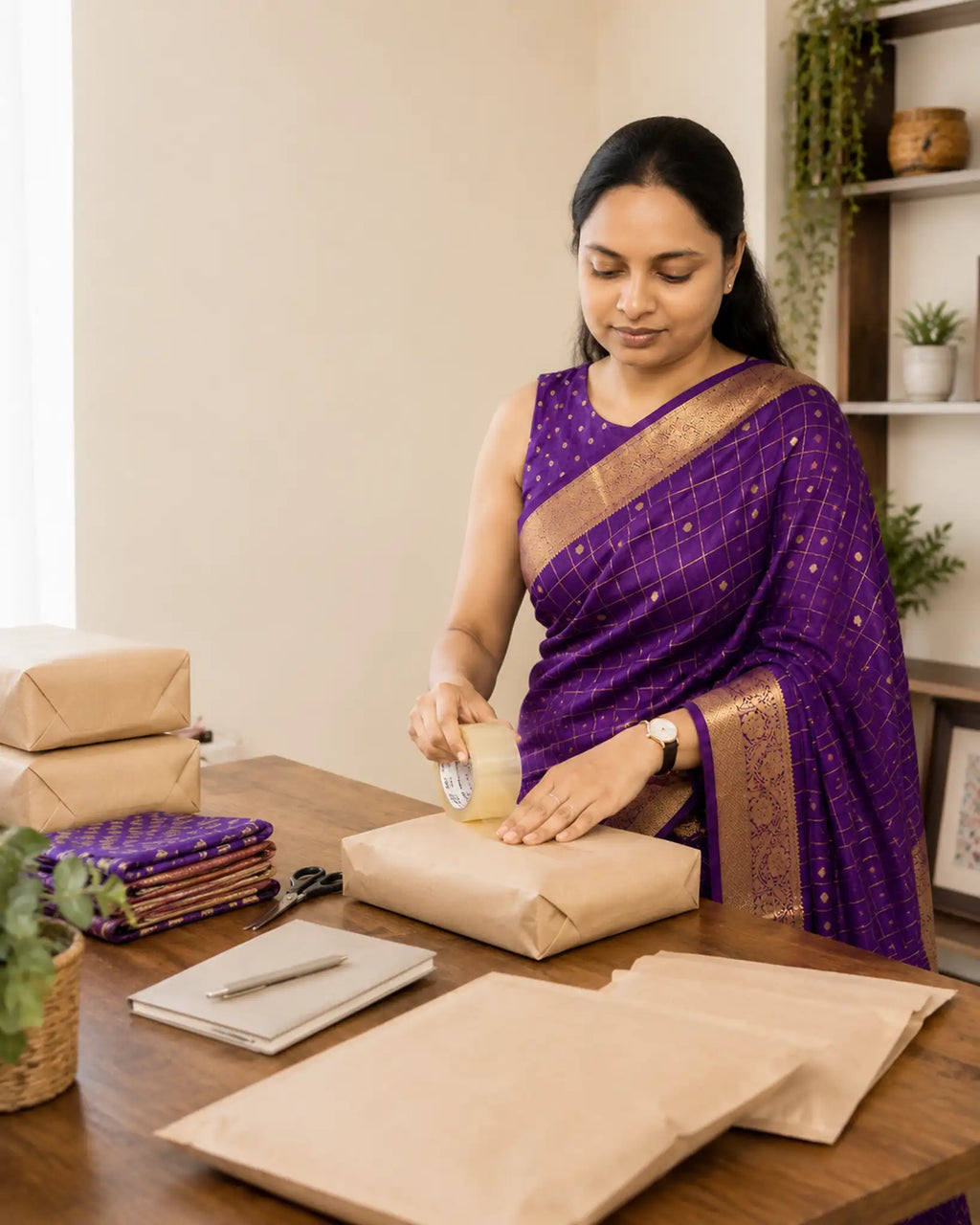 Purple Moonga Silk Saree with Gold Zari Butti Border - Pallu Detail | Women Fashion India