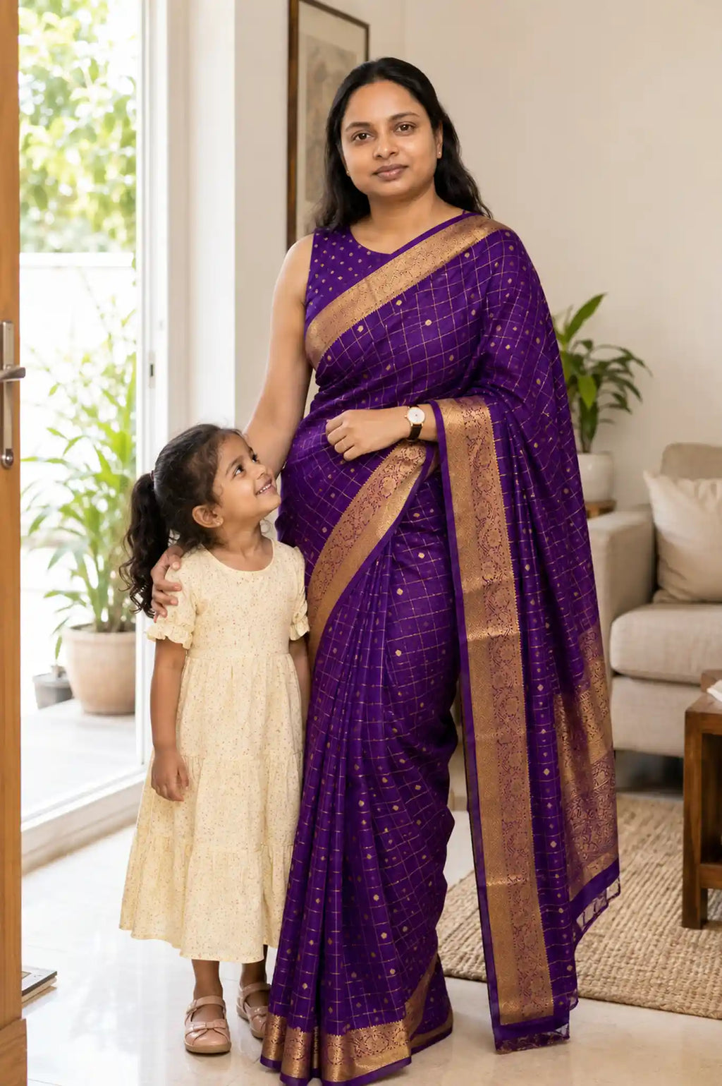 Purple Moonga Silk Saree with Gold Zari Butti Border - Zari Border | Women Fashion India