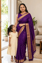 Purple Moonga Silk Saree with Gold Zari Butti Border - Zari Border | Women Fashion India