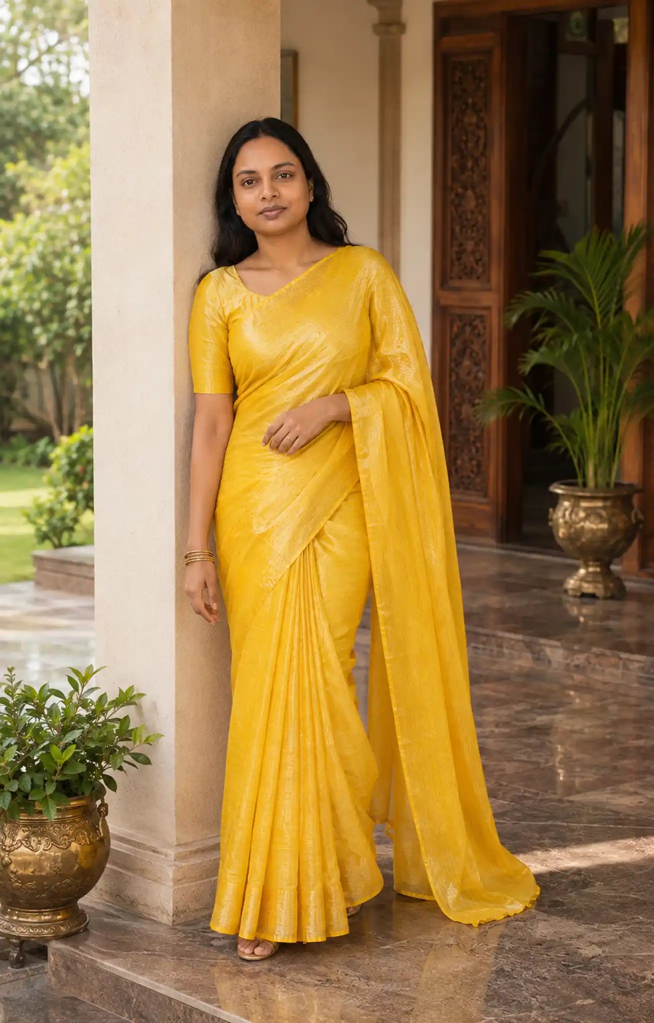 Marigold Yellow Tissue Cotton Saree with Blouse Piece - Blouse View | Women Fashion India