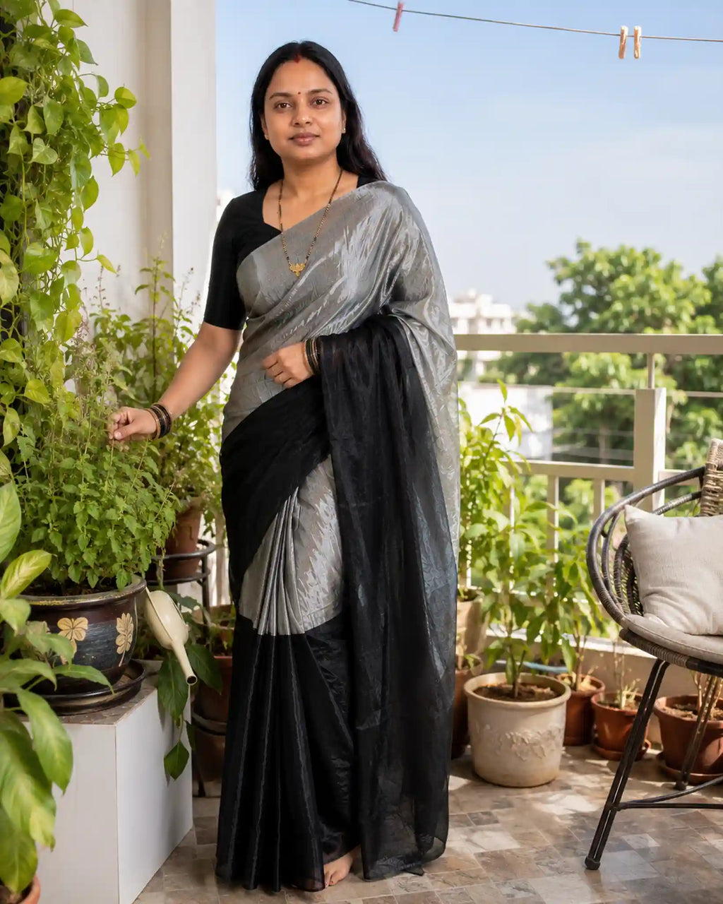Black Silver Half and Half Tissue Cotton Saree with Tassels - Border Closeup | Women Fashion India