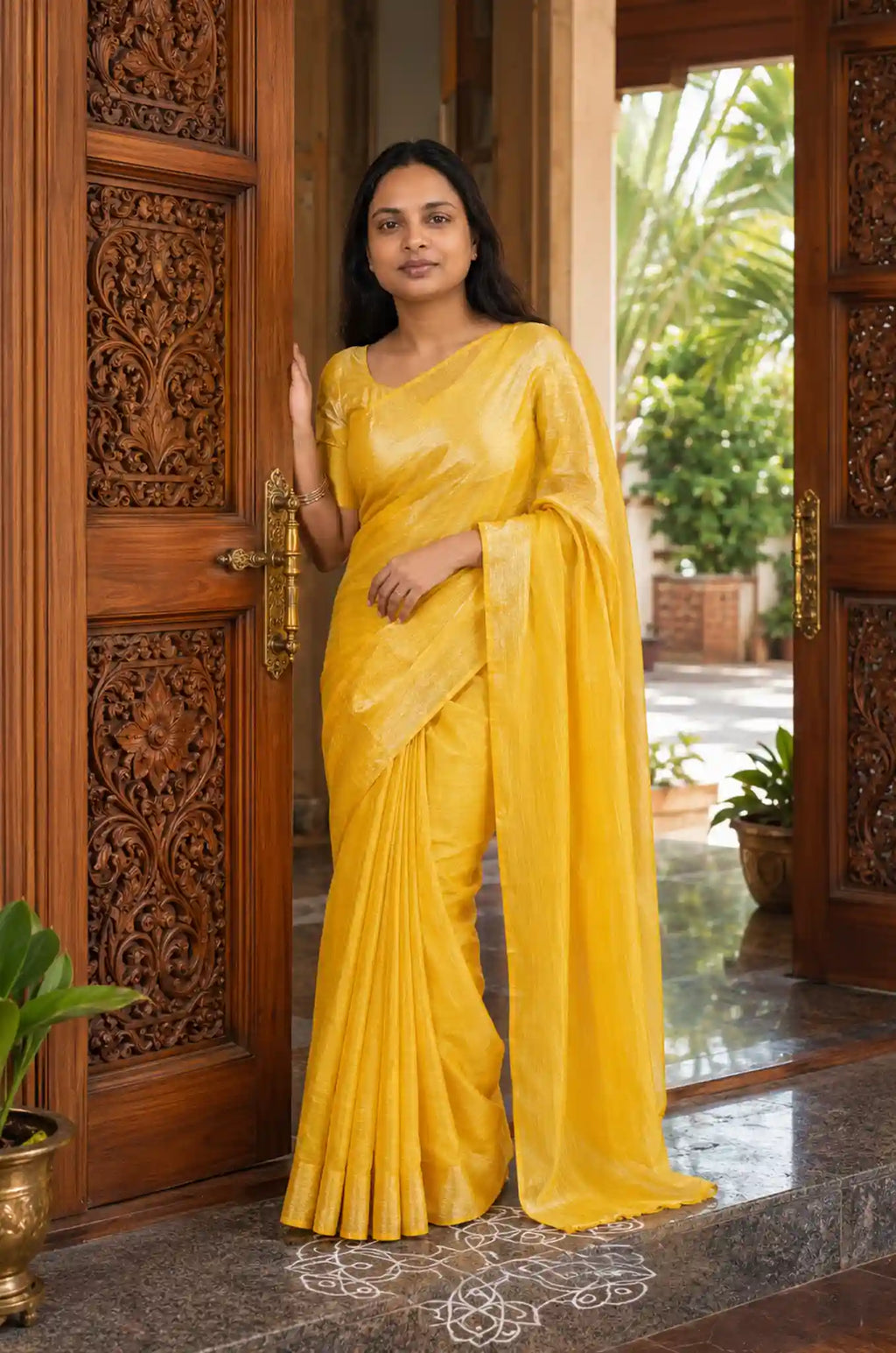 Marigold Yellow Tissue Cotton Saree with Blouse Piece - Front Drape | Women Fashion India