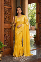 Marigold Yellow Tissue Cotton Saree with Blouse Piece - Front Drape | Women Fashion India