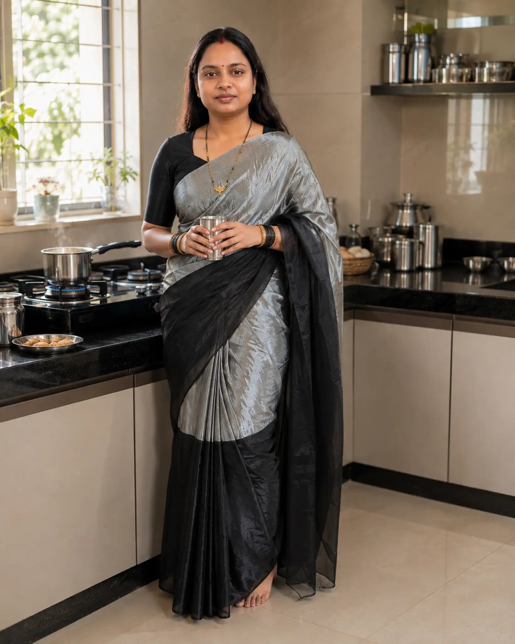 Black Silver Half and Half Tissue Cotton Saree with Tassels - Full Drape | Women Fashion India