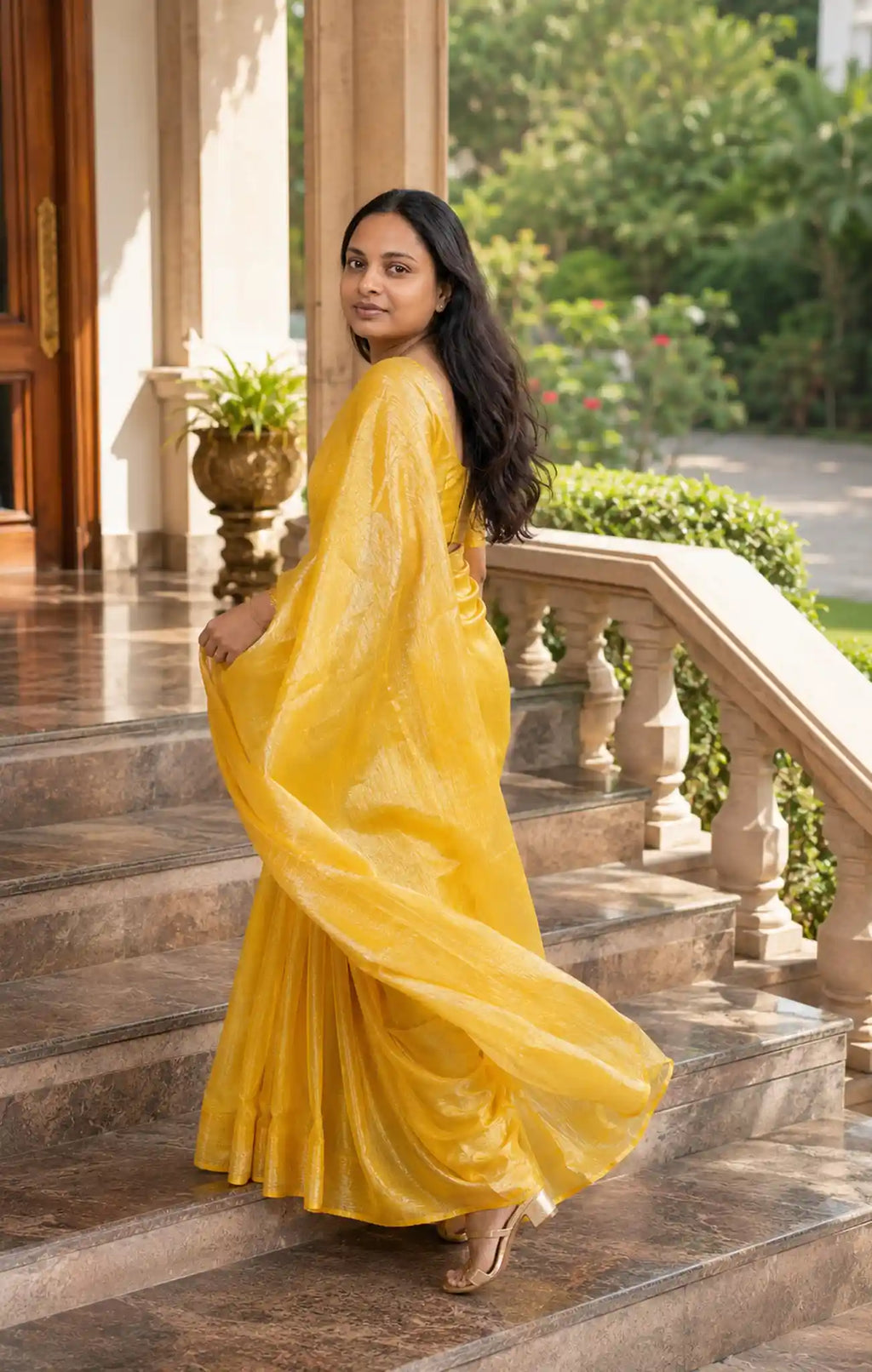 Marigold Yellow Tissue Cotton Saree with Blouse Piece - Pallu Detail | Women Fashion India