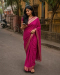 Rani Pink Silk Saree with All-Over Gold Zari Check - Zari Check | Women Fashion India
