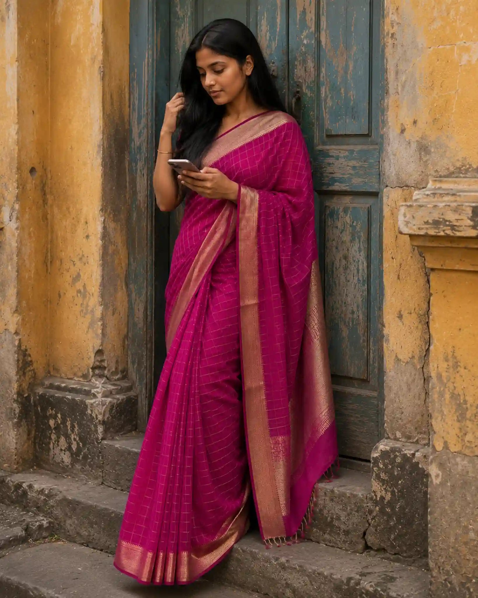 Rani Pink Silk Saree with All-Over Gold Zari Check - Zari Check | Women Fashion India