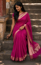 Rani Pink Silk Saree with All-Over Gold Zari Check - Side View | Women Fashion India