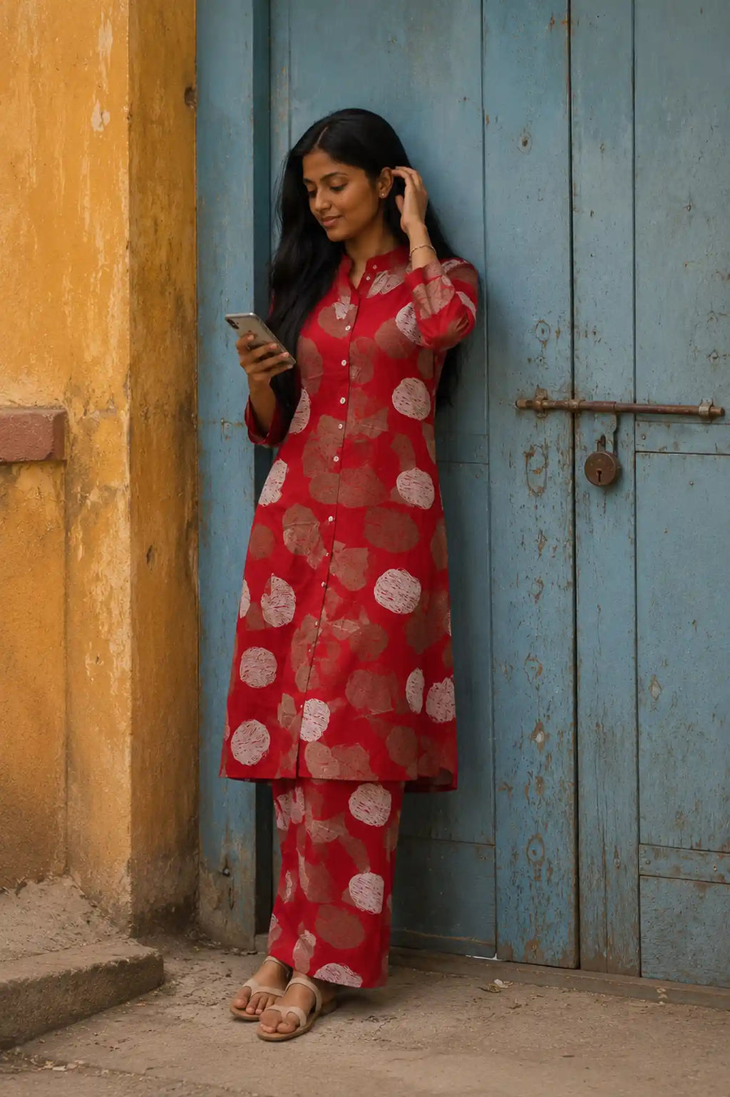 Red Abstract Print Viscose Kurti Palazzo Set for Daily Wear - Set Flatlay | Women Fashion India