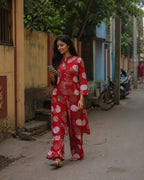 Red Abstract Print Viscose Kurti Palazzo Set for Daily Wear - Set Front | Women Fashion India