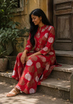 Red Abstract Print Viscose Kurti Palazzo Set for Daily Wear - Side View | Women Fashion India