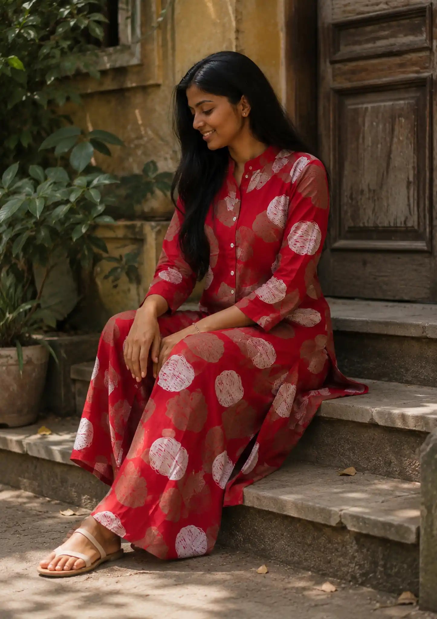 Red Abstract Print Viscose Kurti Palazzo Set for Daily Wear - Side View | Women Fashion India