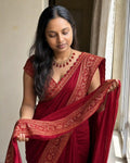 Red Banarasi Semi Katan Saree with Gold Zari Border - Border Closeup | Women Fashion India