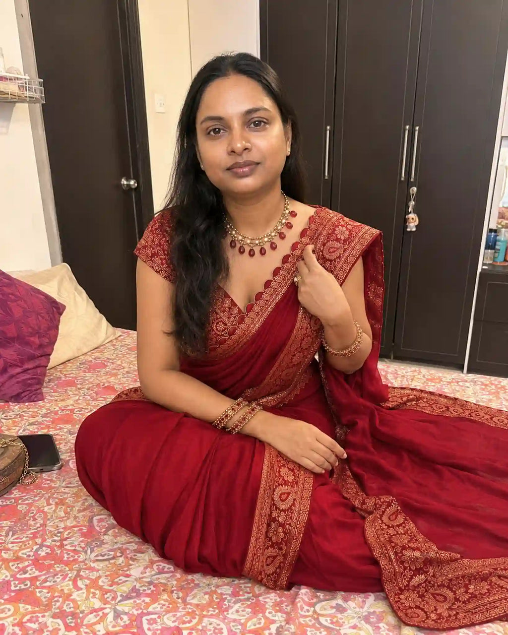 Red Banarasi Semi Katan Saree with Gold Zari Border - Full Drape | Women Fashion India
