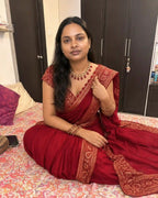 Red Banarasi Semi Katan Saree with Gold Zari Border - Full Drape | Women Fashion India
