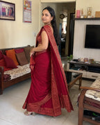 Red Banarasi Semi Katan Saree with Gold Zari Border - Pallu Detail | Women Fashion India