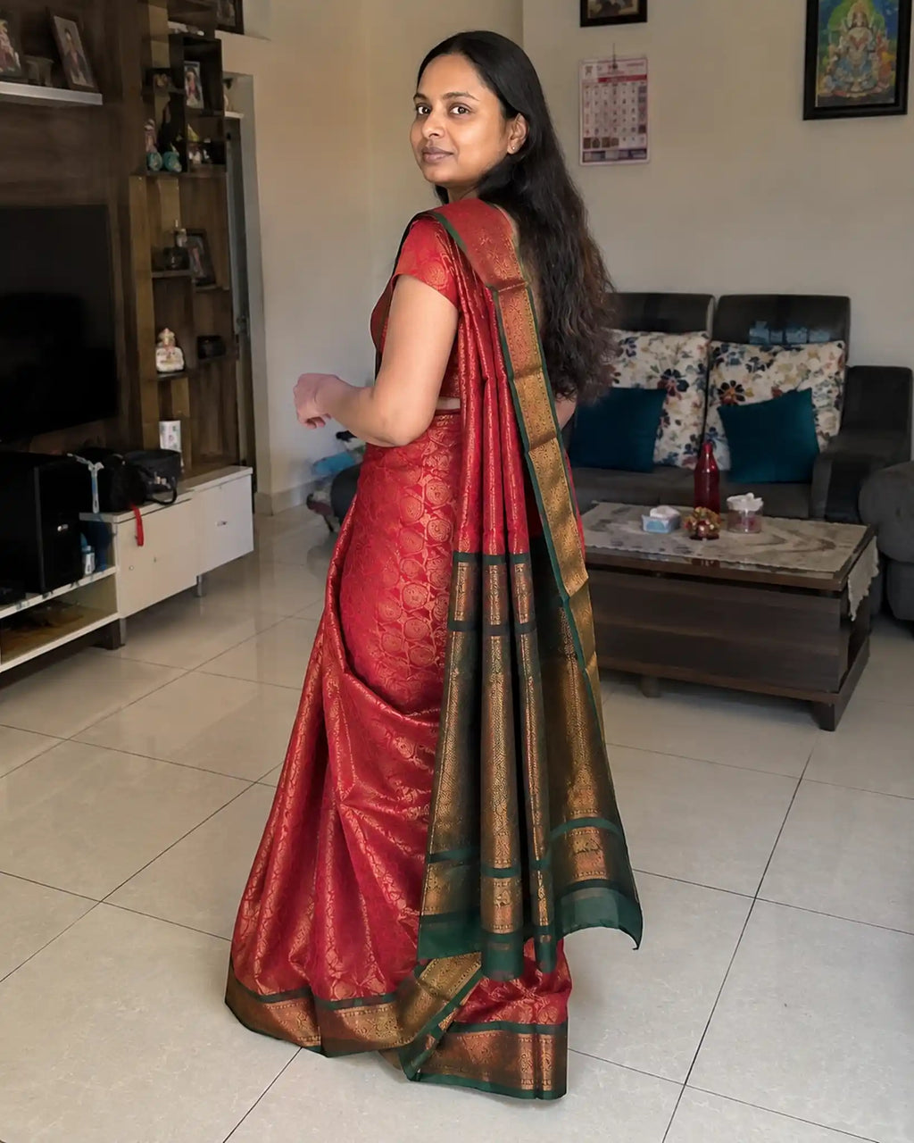 Red Bridal Silk Saree with Green Pallu and Copper Zari - Pallu Detail | Women Fashion India