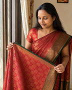 Red Bridal Silk Saree with Green Pallu and Copper Zari - Zari Border | Women Fashion India
