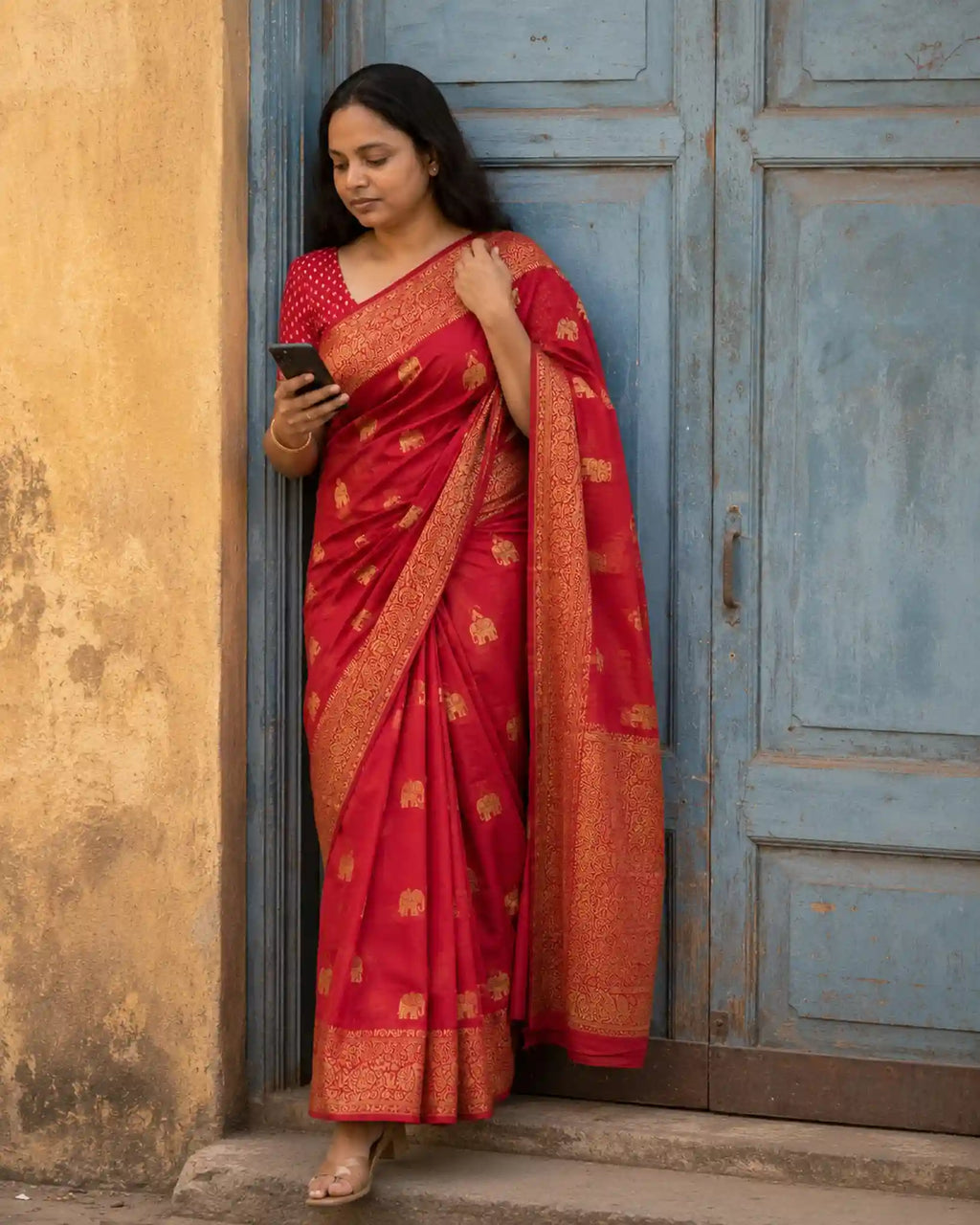 Red Moonga Silk Saree with Gold Zari Elephant Border - Flat Lay | Women Fashion India