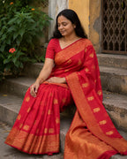 Red Moonga Silk Saree with Gold Zari Elephant Border - Pallu Detail | Women Fashion India