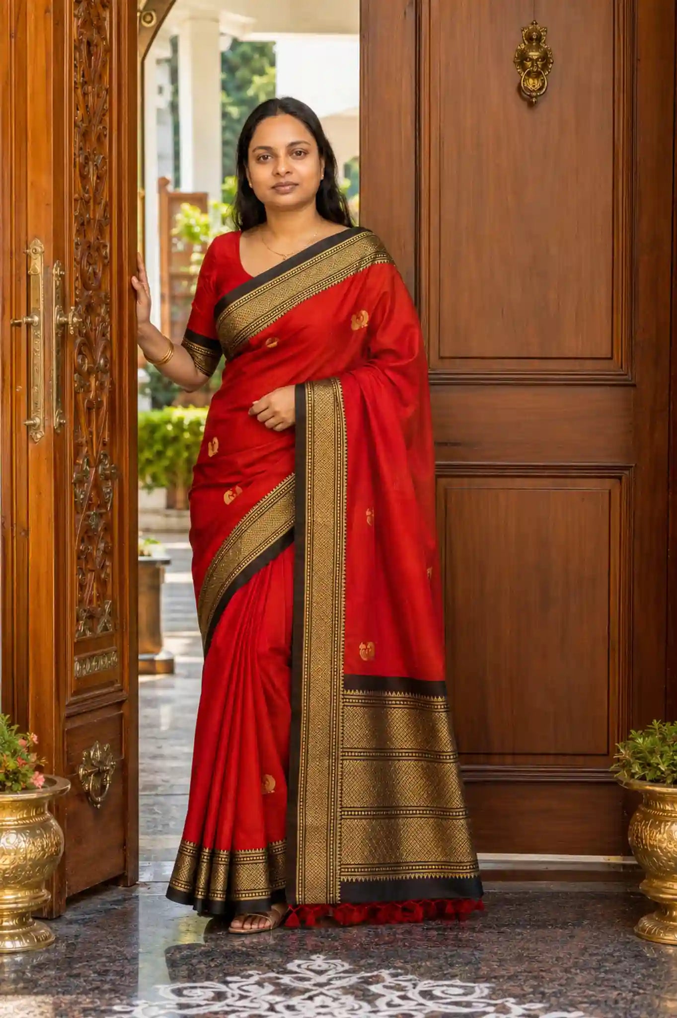 Red Mercerised Soft Silk Saree with Gold Zari Temple Border - Full Drape | Women Fashion India