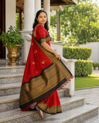 Red Mercerised Soft Silk Saree with Gold Zari Temple Border - Pallu Detail | Women Fashion India