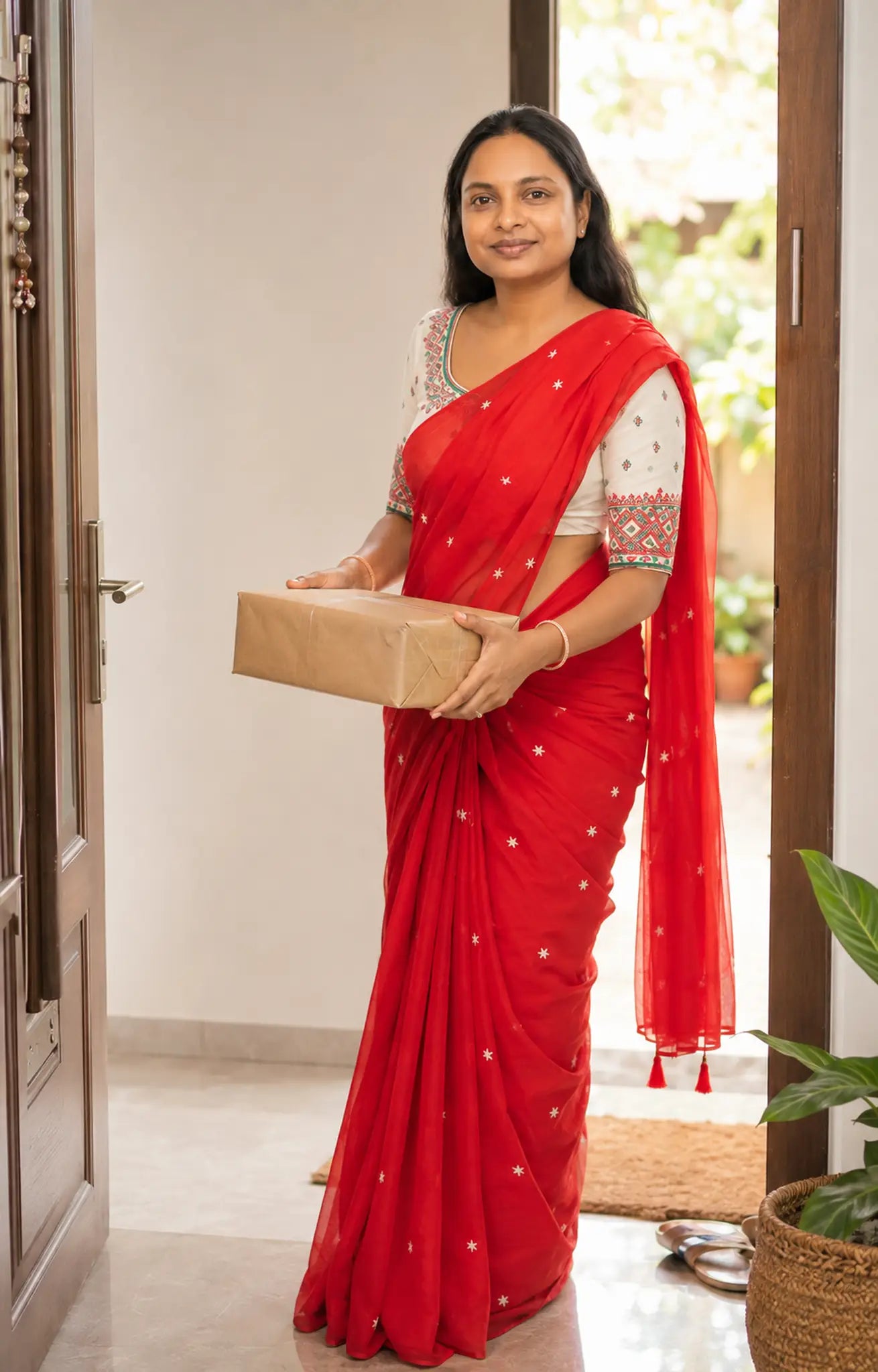 Red Star Embroidery Slub Khadi Cotton Saree with Blouse - Blouse Embroidery | Women Fashion India