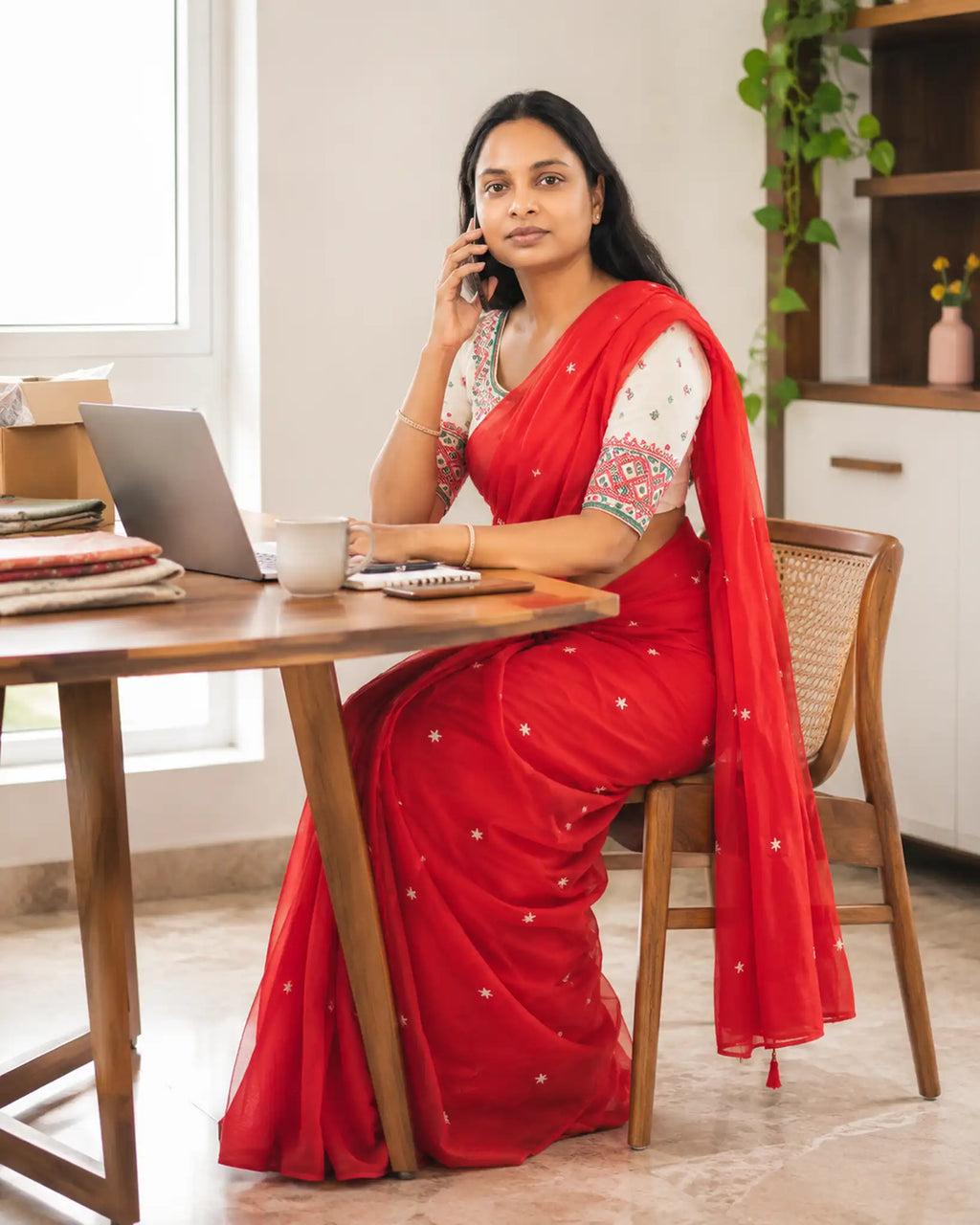 Red Star Embroidery Slub Khadi Cotton Saree with Blouse - Front Drape | Women Fashion India