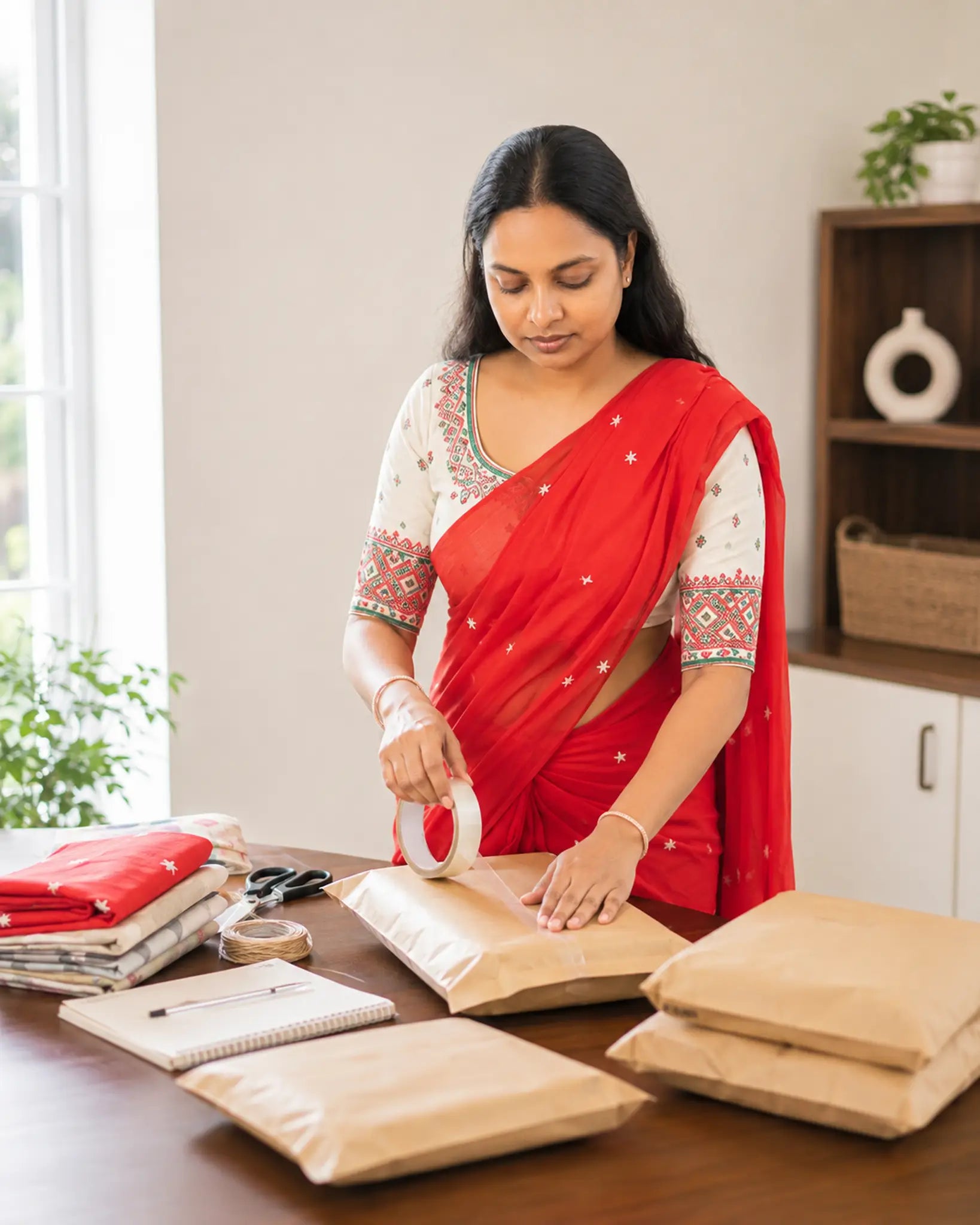 Red Star Embroidery Slub Khadi Cotton Saree with Blouse - Pallu Detail | Women Fashion India