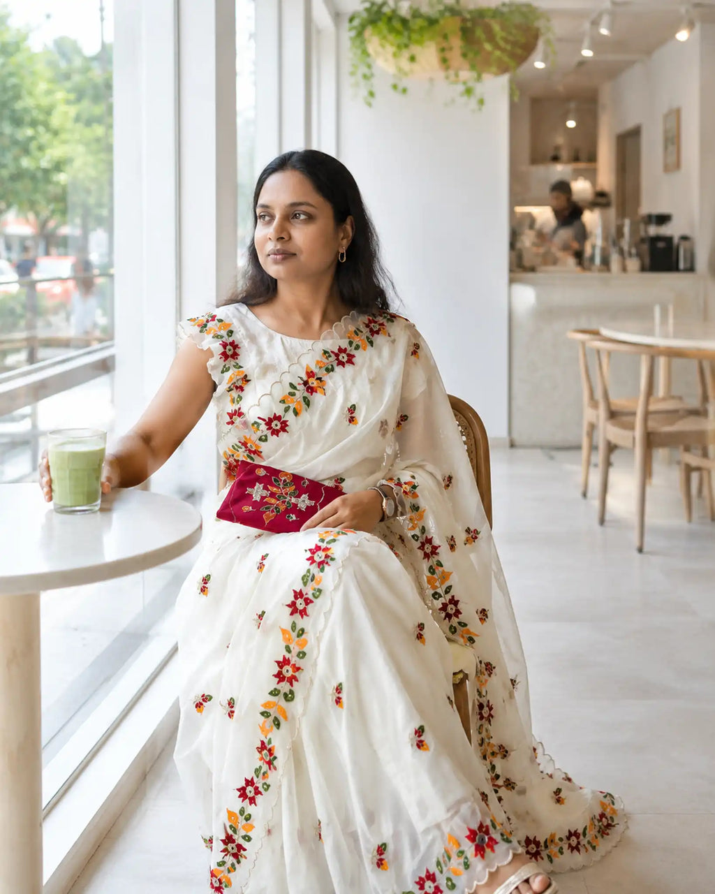 Ivory Georgette Saree with Embroidery and Pink Blouse - Flat Lay | Women Fashion India