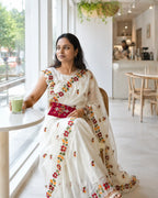 Ivory Georgette Saree with Embroidery and Pink Blouse - Flat Lay | Women Fashion India