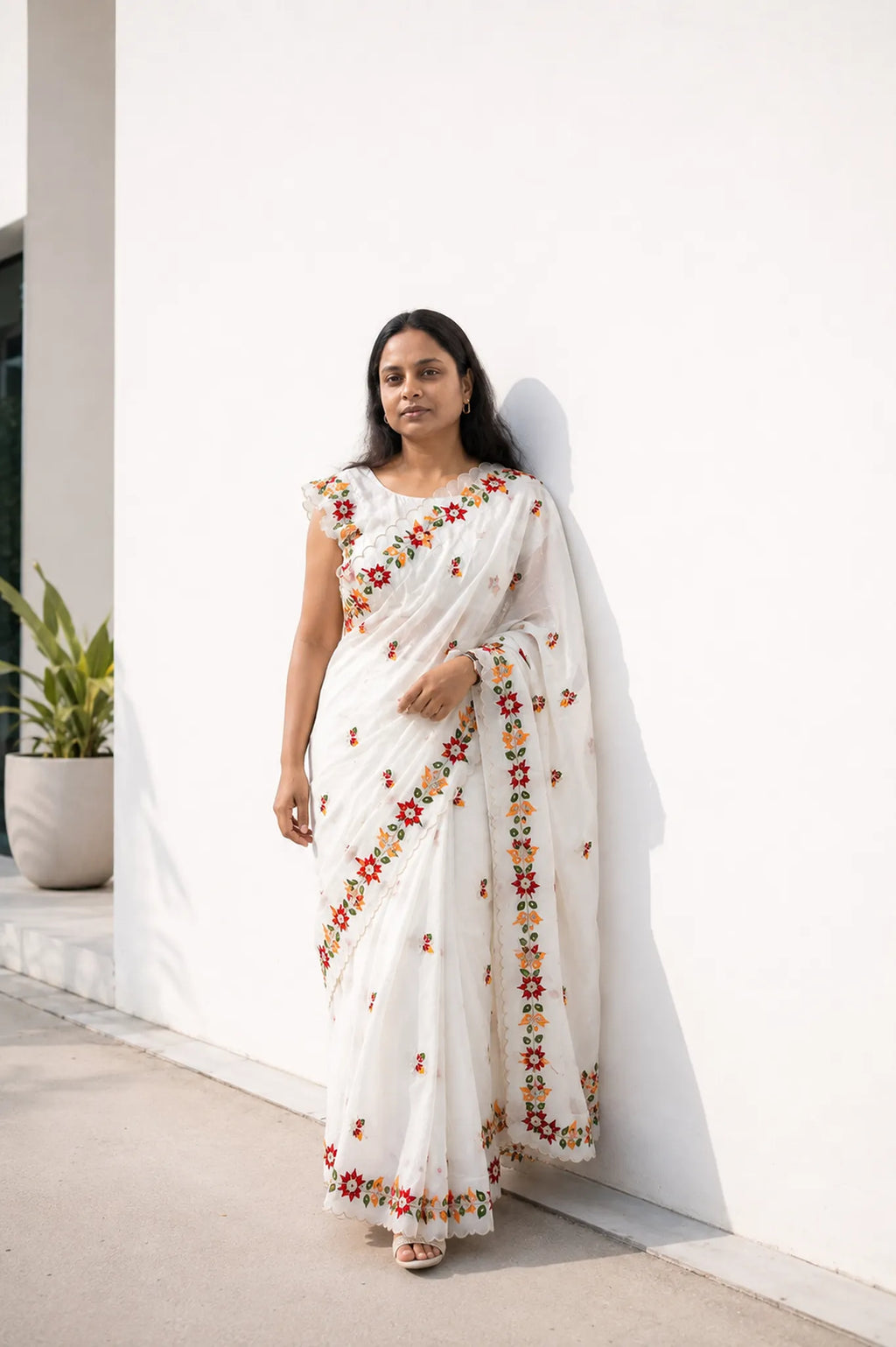 Ivory Georgette Saree with Embroidery and Pink Blouse - Mirror Work | Women Fashion India