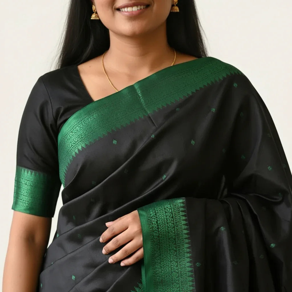 Veda cotton saree green colour close-up fabric detail – TRESSNY
