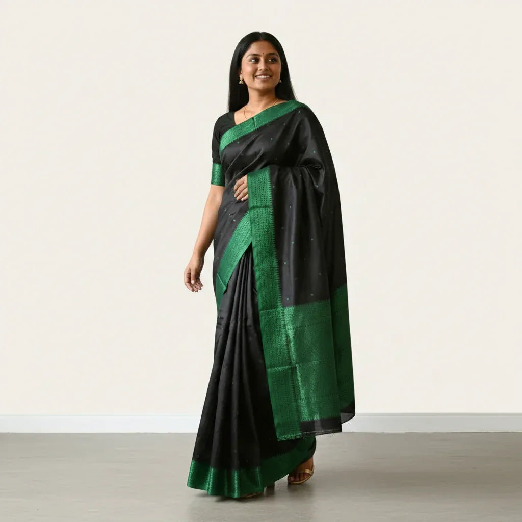 Veda cotton saree green colour front walking pose – TRESSNY
