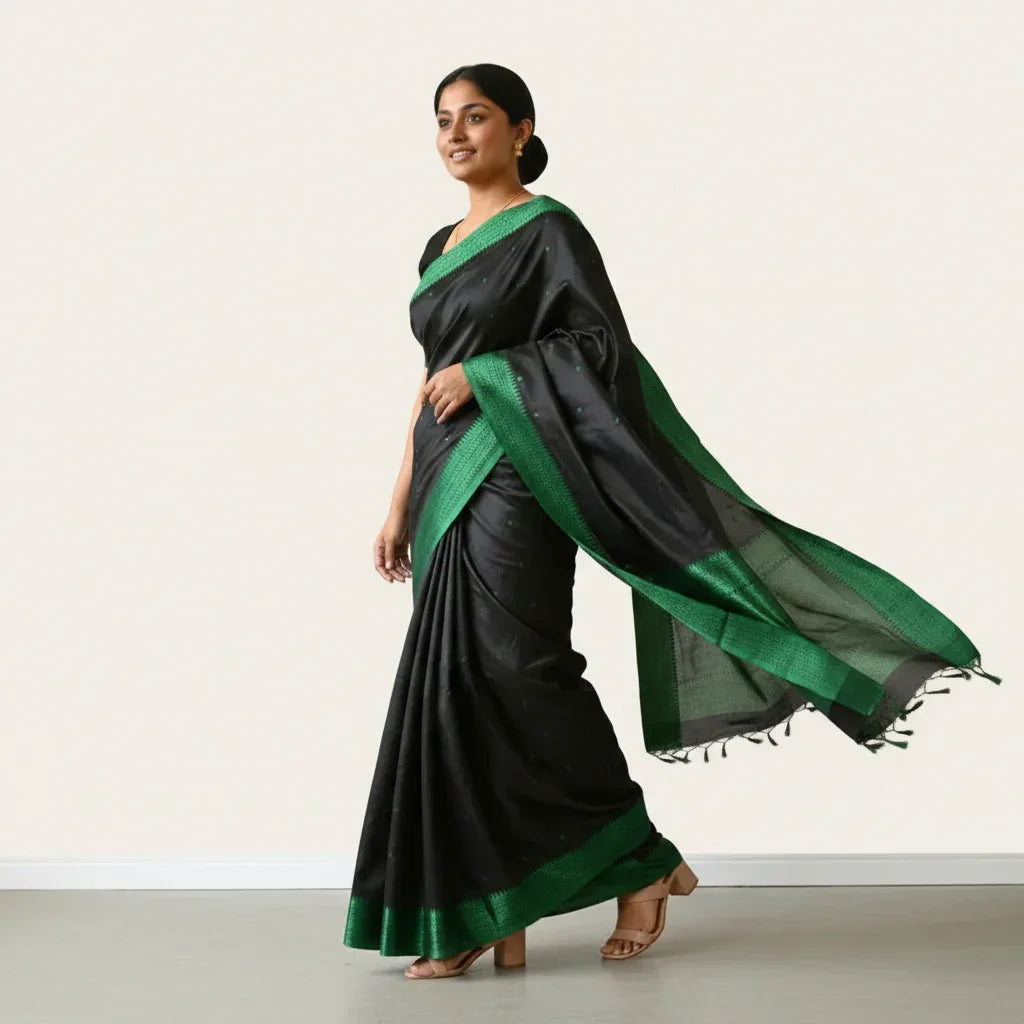 Veda cotton saree green colour walking pose – TRESSNY