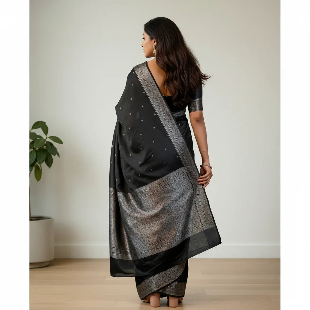 Veda cotton saree jet black back drape view – TRESSNY