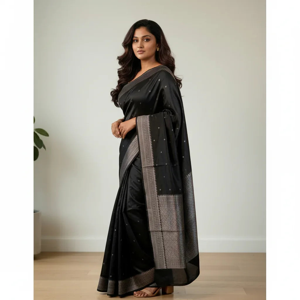 Veda cotton saree jet black front drape view – TRESSNY