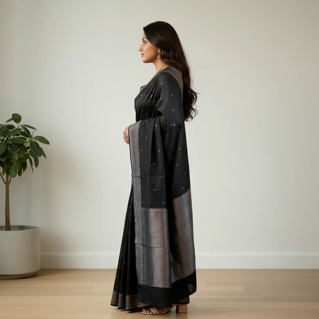 Veda cotton saree jet black side drape view – TRESSNY