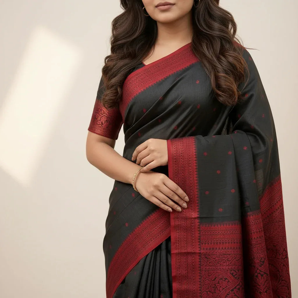 Veda cotton saree sindoor red front drape view – TRESSNY