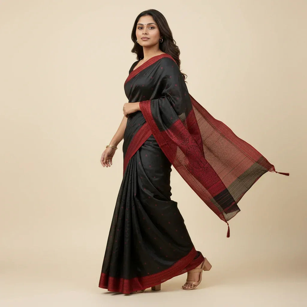 Veda cotton saree sindoor red full drape view – TRESSNY