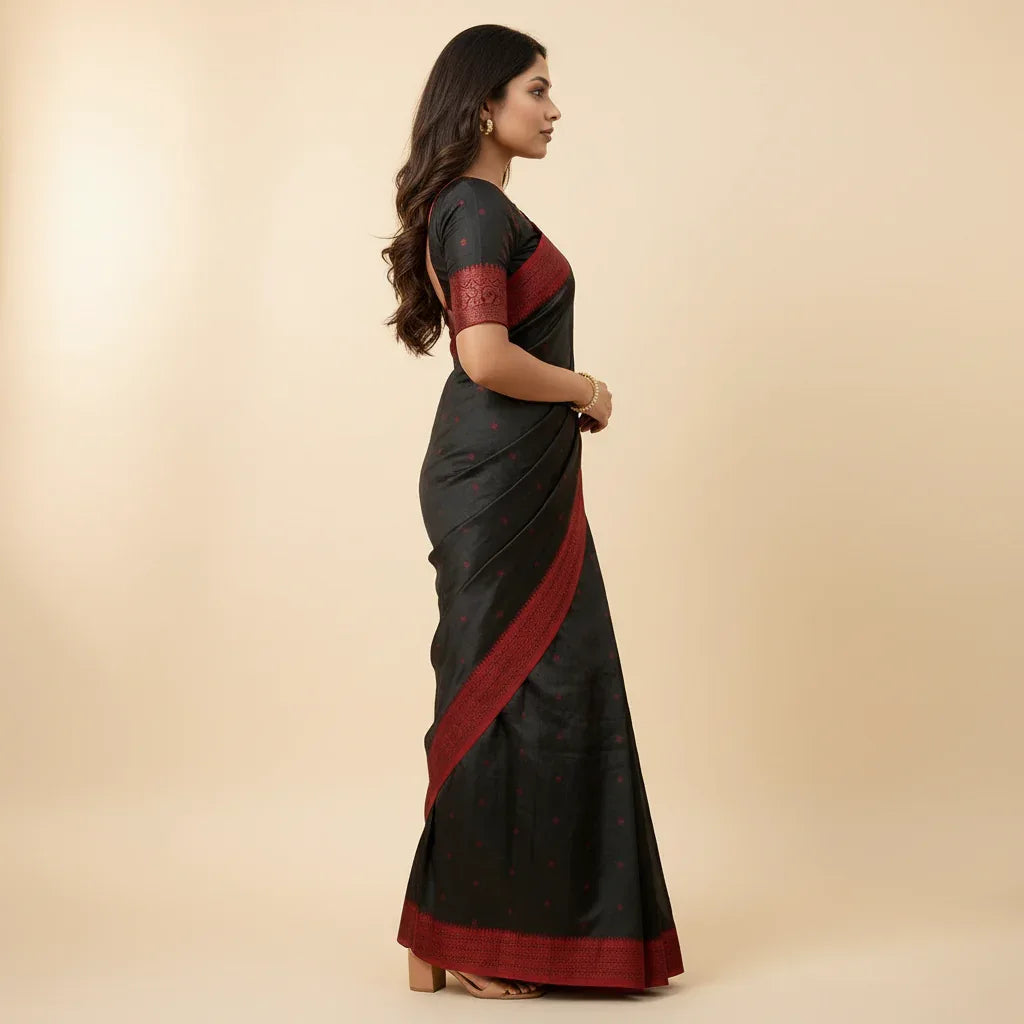 Veda cotton saree sindoor red side drape view – TRESSNY
