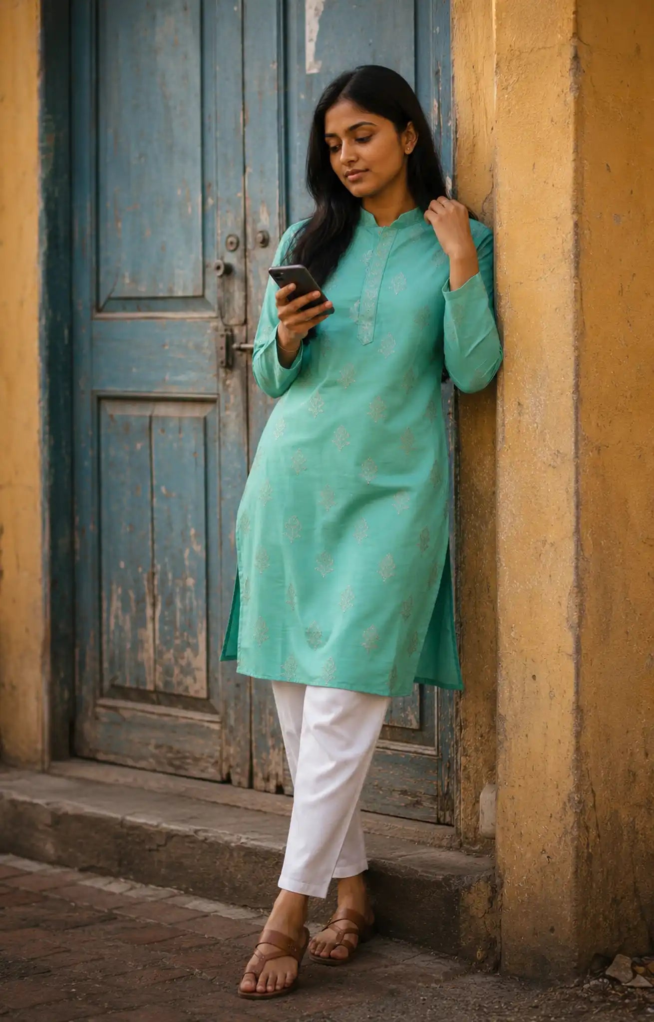 Sea Green Embroidered Viscose Silk Kurta Set for Festive Wear - Full View | Women Fashion India