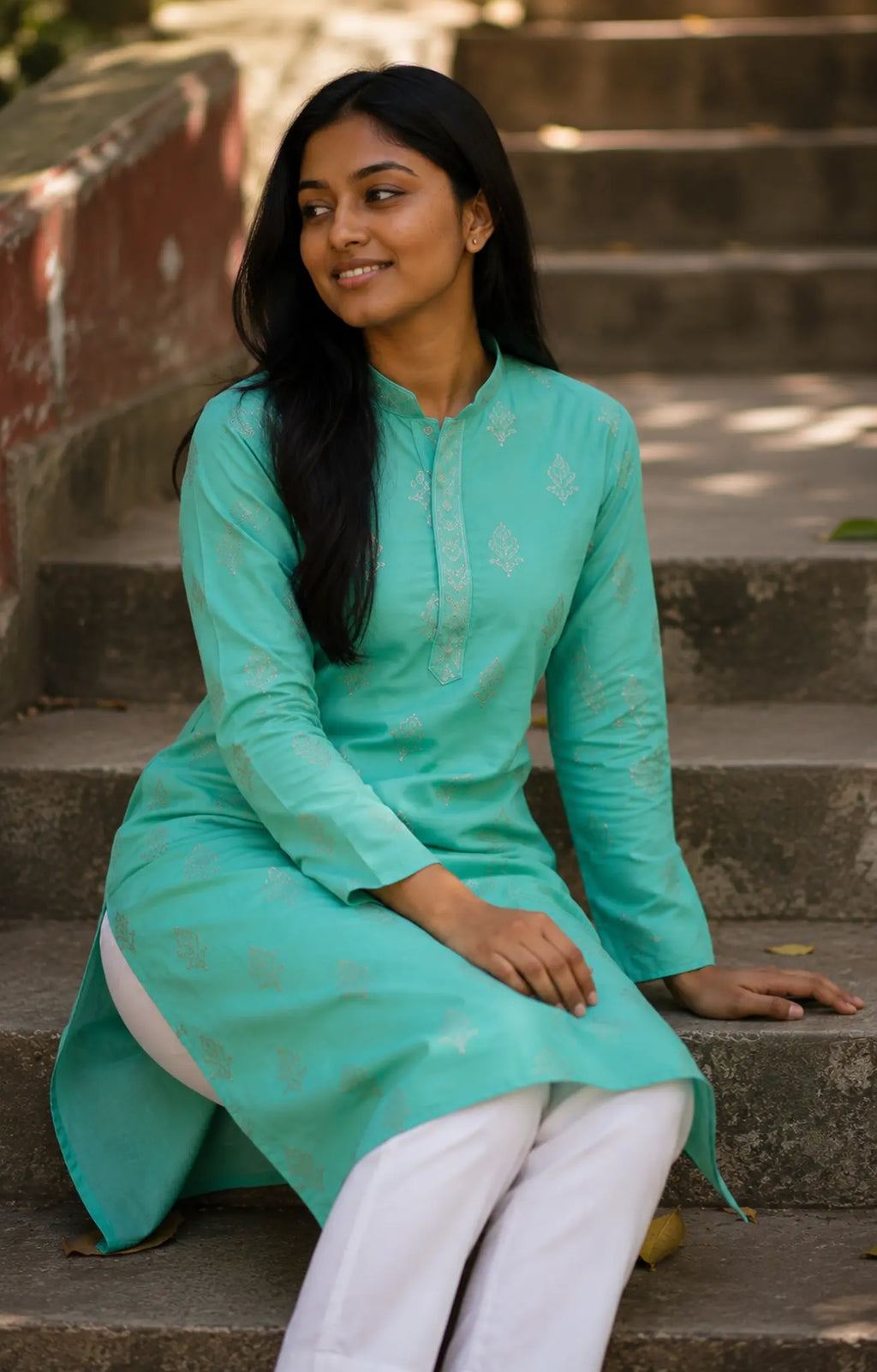 Sea Green Embroidered Viscose Silk Kurta Set for Festive Wear - Side View | Women Fashion India