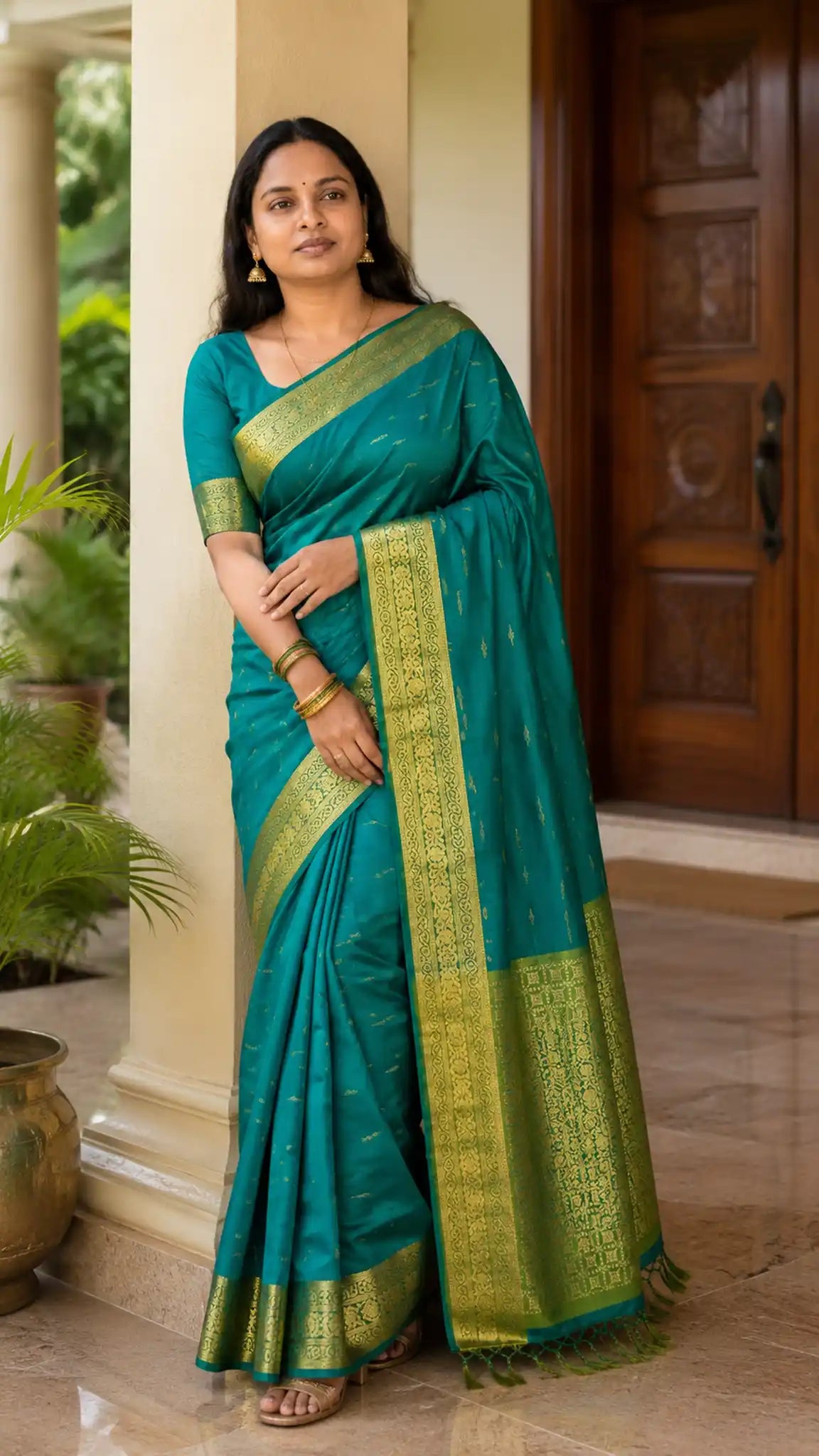 Teal Soft Silk Saree with Rich Gold Border for Festive Wear - Gold Border | Women Fashion India