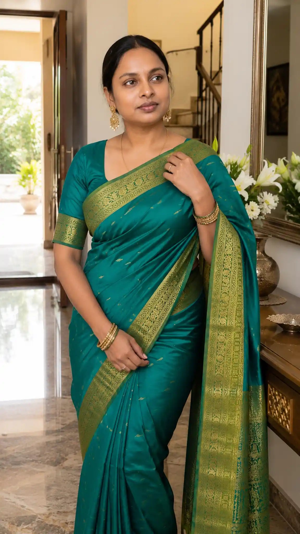 Teal Soft Silk Saree with Rich Gold Border for Festive Wear - Gold Border | Women Fashion India