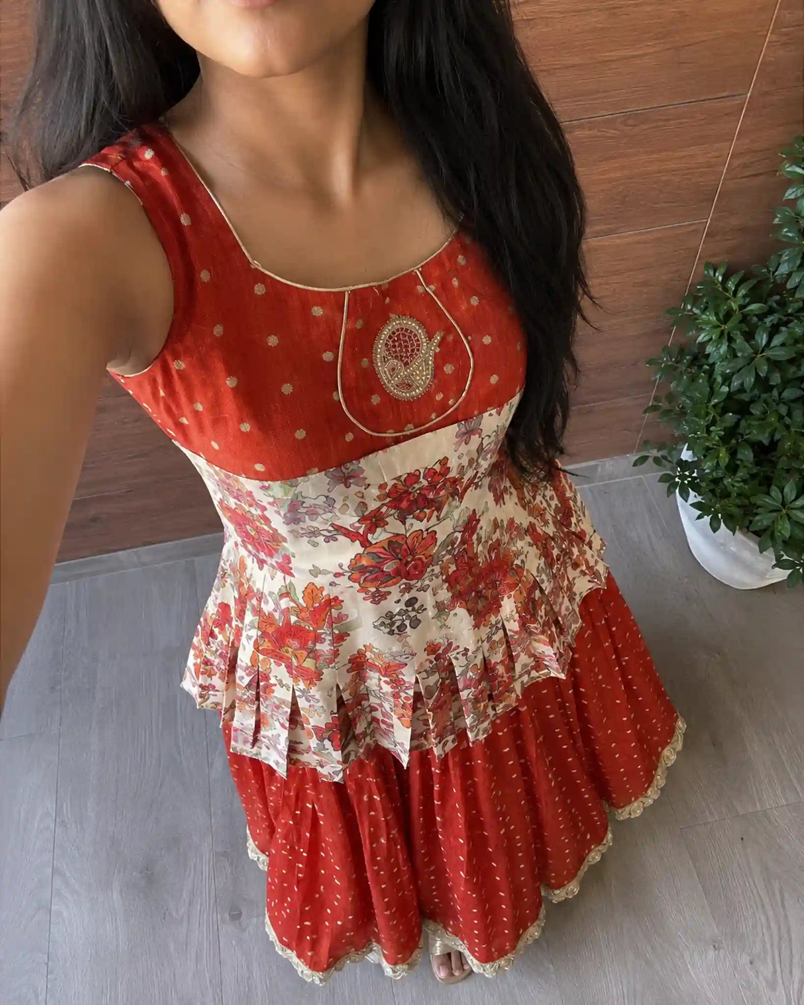 Viscose Tissue Silk Gown with Kalamkari Mirror Coat - Coat Detail | Women Fashion India